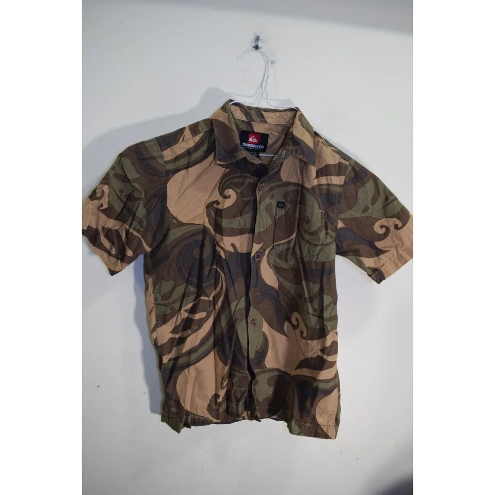 Quiksilver Shirt Camo Brown Green Short Sleeve Button Up Pocket Outdoor‎ BOYS 7